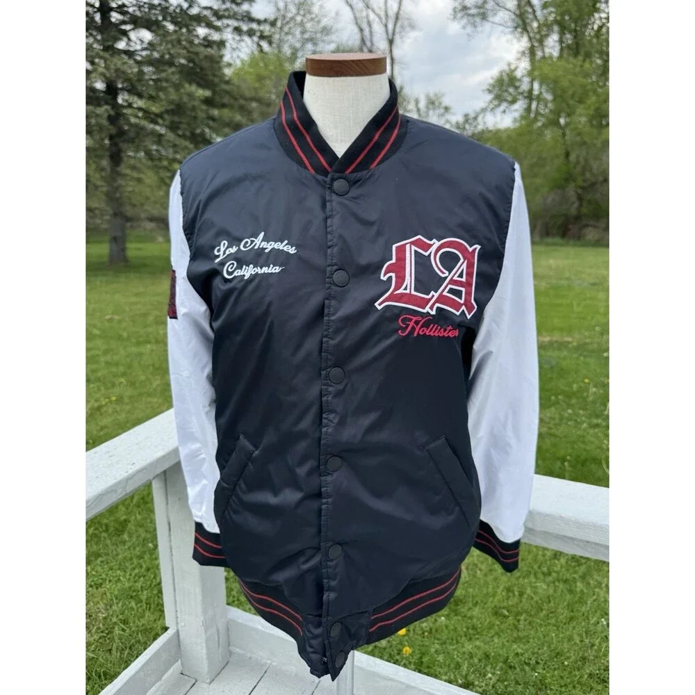 Hollister Varsity Jacket Small Black White Bomber LA Sherpa Lined Rose Patch